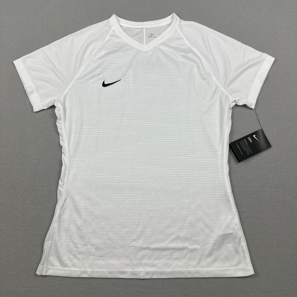 Nike Shirt Women Large White V-Neck Pullover Dri Fit Short Sleeve Soccer L